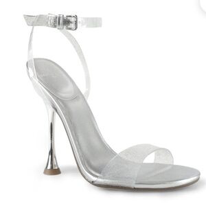 New Marc Fisher Silver Metallic Clear Strappy High‎ Heel Sandals Calisty #715